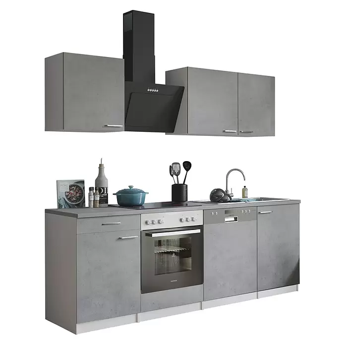 Respekta Singleküche Malia - Breite: 220 cm, Beton, Dekor Arbeitsplatte: Betonoptik - Moderne graue Küchenzeile mit Betoneffekt-Schränken, integriertem Backofen, Geschirrspüler, Spüle und Dunstabzugshaube.