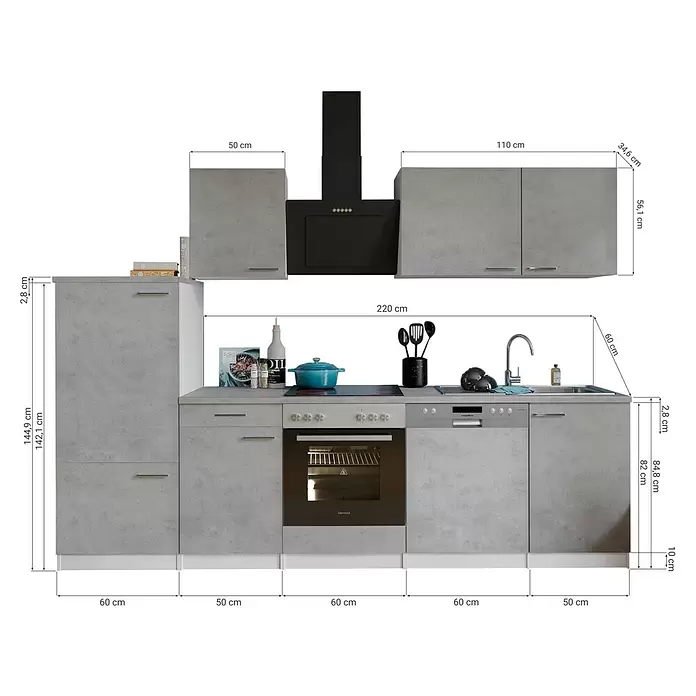 Respekta Küchenzeile Malia Typ 2 - Breite: 280 cm, Beton, Mit Elektrogeräten - Modulare Küchenzeile mit hellgrauen Schränken in Betonoptik, integrierten Geräten wie Backofen, Geschirrspüler, Spüle und Dunstabzugshaube.