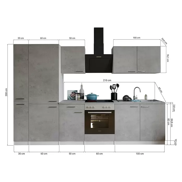 Respekta Küchenzeile Malia Typ 1 - Breite: 300 cm, Beton, Mit Elektrogeräten - Moderne graue Modulküche in Betonoptik mit integrierten Geräten: Backofen, Kochfeld, Spüle und Dunstabzugshaube.
