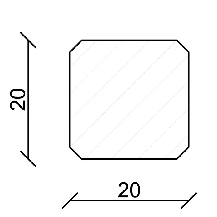 Profiles and more Eckstäbchen - 20 x 20 x 117 mm, Holz, Weiß - Quadratisches Profil mit abgeschrägten Ecken und Maßen von 20x20, dargestellt in einer technischen Zeichnung.
