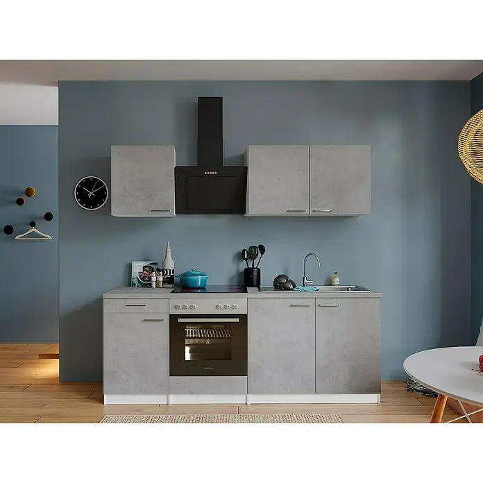 Respekta Singleküche Malia - Breite: 210 cm, Beton, Dekor Arbeitsplatte: Betonoptik - Diese Küchenzeile mit grauen Schränken bietet Funktionalität und modernes Design. Die Kochzeile ist ideal für kleine Räume und Studentenwohnungen.
