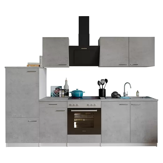 Respekta Küchenzeile Malia Typ 2 - Breite: 270 cm, Beton, Mit Elektrogeräten - Moderne Küchenzeile in heller Betonoptik mit schwarzen Einbaugeräten, Spüle und Kochzubehör.