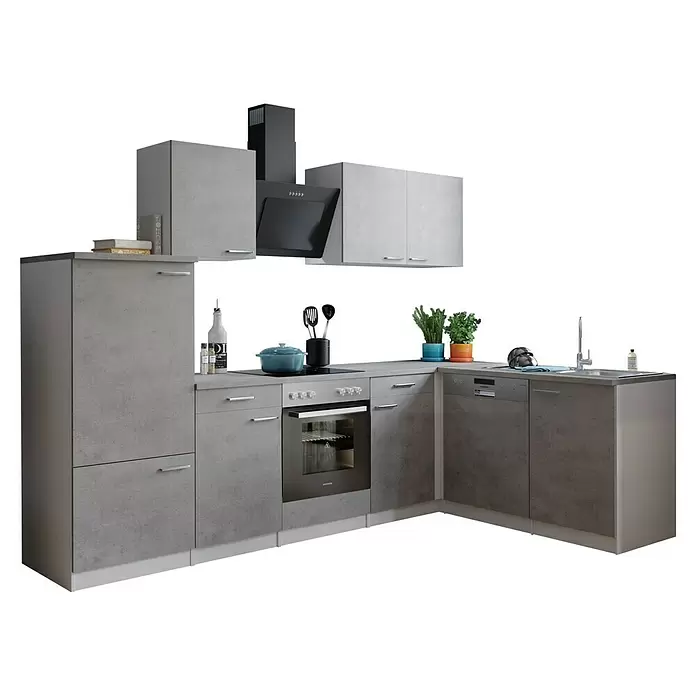 Respekta Winkelküche Malia Typ 3 - B x T x H: 280 x 172 x 200 cm, Beton, Mit Elektrogeräten - L-förmige Küchenzeile in Betonoptik Grau mit integriertem Backofen, Kochfeld, Spüle und Geschirrspüler, mit Ober- und Unterschränken.