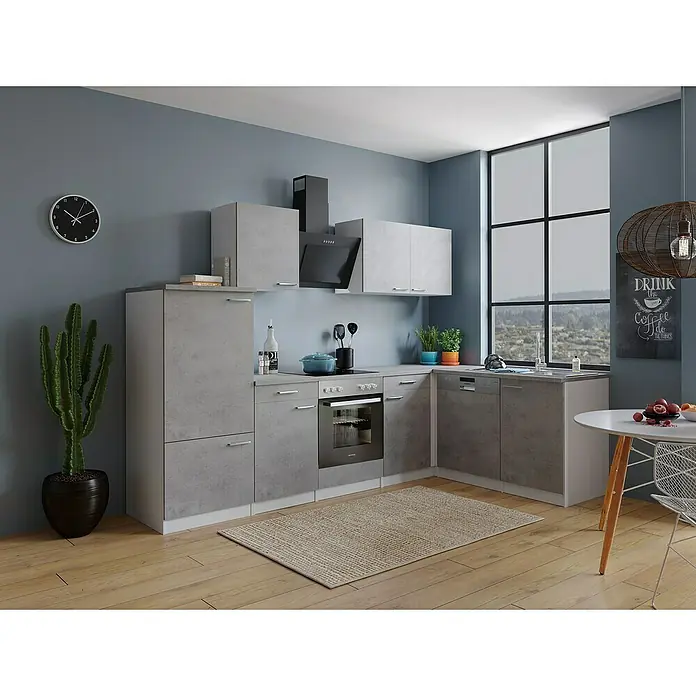 Respekta Winkelküche Malia Typ 3 - B x T x H: 280 x 172 x 200 cm, Beton, Mit Elektrogeräten - Graue Küche mit modernen Schränken, einem Kochfeld und einem Esstisch, perfekt für ein stilvolles Zuhause.