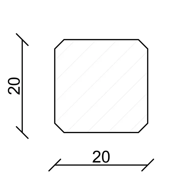 Profiles and more Eckstäbchen - 20 x 20 x 82 mm, Holz, Weiß - Abbildung eines quadratischen Profils mit abgerundeten Ecken, Maße 20x20. Das Profil ist diagonal schraffiert, um die Oberfläche darzustellen.