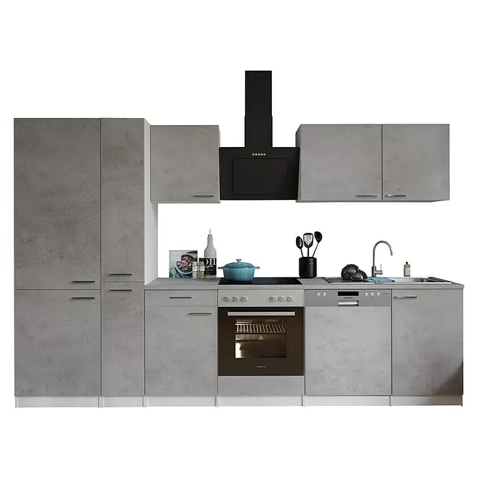 Respekta Küchenzeile Malia Typ 1 - Breite: 310 cm, Beton, Mit Elektrogeräten - Komplette Küchenzeile in Betonoptik Grau mit integriertem Kochfeld, Backofen, Spüle, Geschirrspüler und schwarzer Dunstabzugshaube.