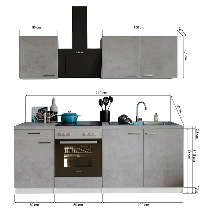 Respekta Singleküche Malia (Breite: 210 cm, Beton, Dekor Arbeitsplatte: Betonoptik) | BAUHAUS