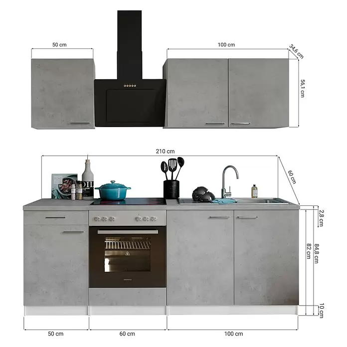 Respekta Singleküche Malia - Breite: 210 cm, Beton, Dekor Arbeitsplatte: Betonoptik - Modulares Küchensystem in Betonoptik grau, mit Ober- & Unterschränken, schwarzer Dunstabzugshaube, Backofen, Kochfeld & Spüle. Gesamtbreite 210 cm.