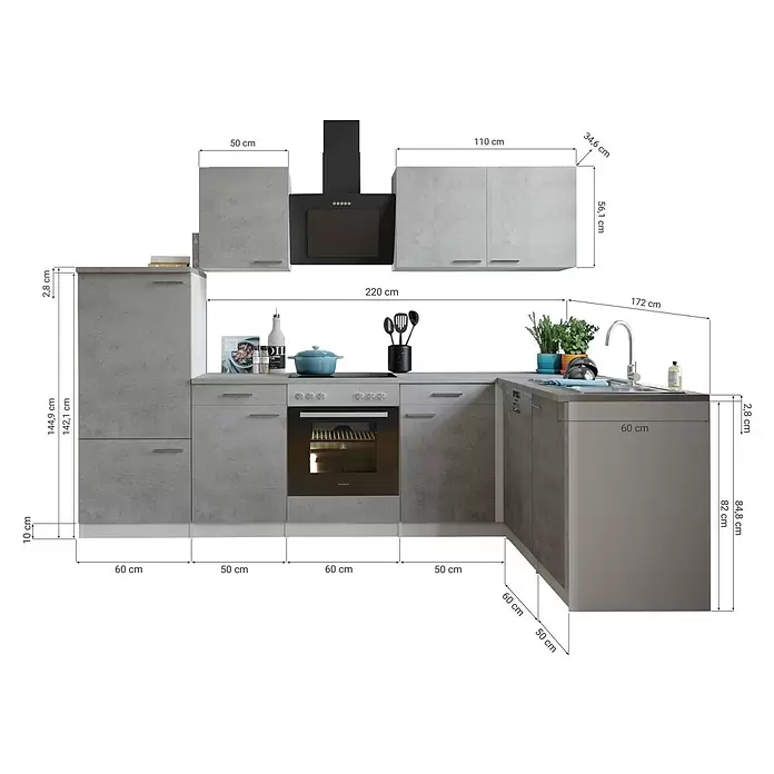Respekta Winkelküche Malia Typ 3 - B x T x H: 280 x 172 x 200 cm, Beton, Mit Elektrogeräten - L-förmige Einbauküche in hellgrauer Betonoptik mit integrierten Geräten wie Backofen, Kochfeld, Dunstabzugshaube und Spüle.