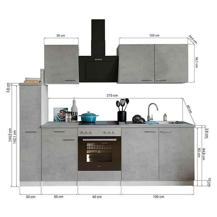 Respekta Singleküche Malia (Breite: 240 cm, Beton, Dekor Arbeitsplatte: Betonoptik) | BAUHAUS