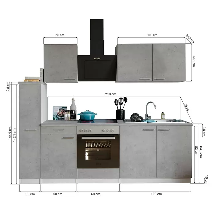 Respekta Singleküche Malia - Breite: 240 cm, Beton, Dekor Arbeitsplatte: Betonoptik - Küchenzeile in Betonoptik Grau mit Unter- und Oberschränken, Spüle, Kochfeld, Backofen, Dunstabzugshaube und Hochschrank.