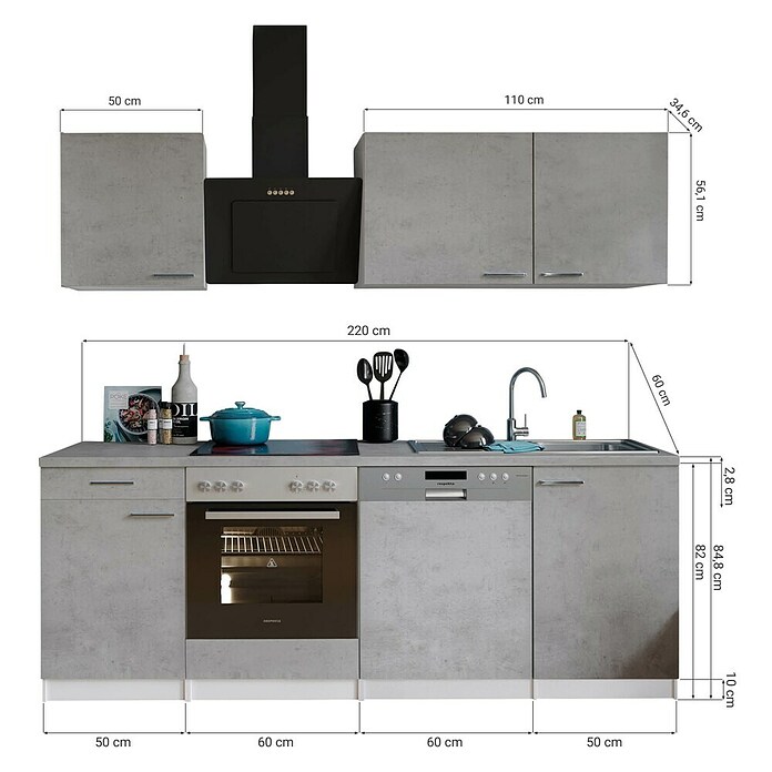 Respekta Singleküche Malia (Breite: 220 cm, Beton, Dekor Arbeitsplatte: Betonoptik) | BAUHAUS