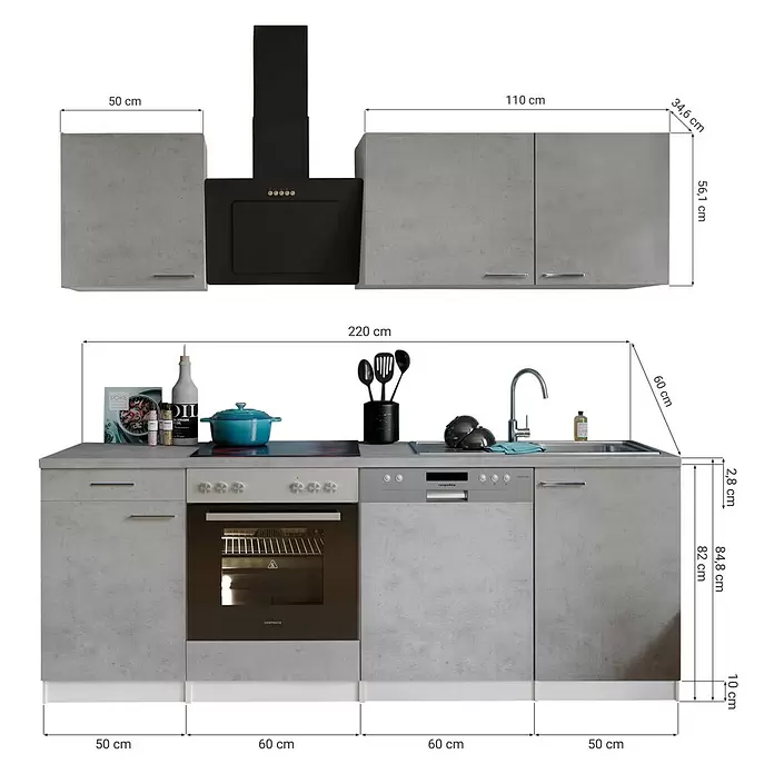 Respekta Singleküche Malia - Breite: 220 cm, Beton, Dekor Arbeitsplatte: Betonoptik - Moderner Küchenblock in hellgrauer Betonoptik, mit Schränken, Backofen, Kochfeld, Spüle, Geschirrspüler und Dunstabzugshaube.