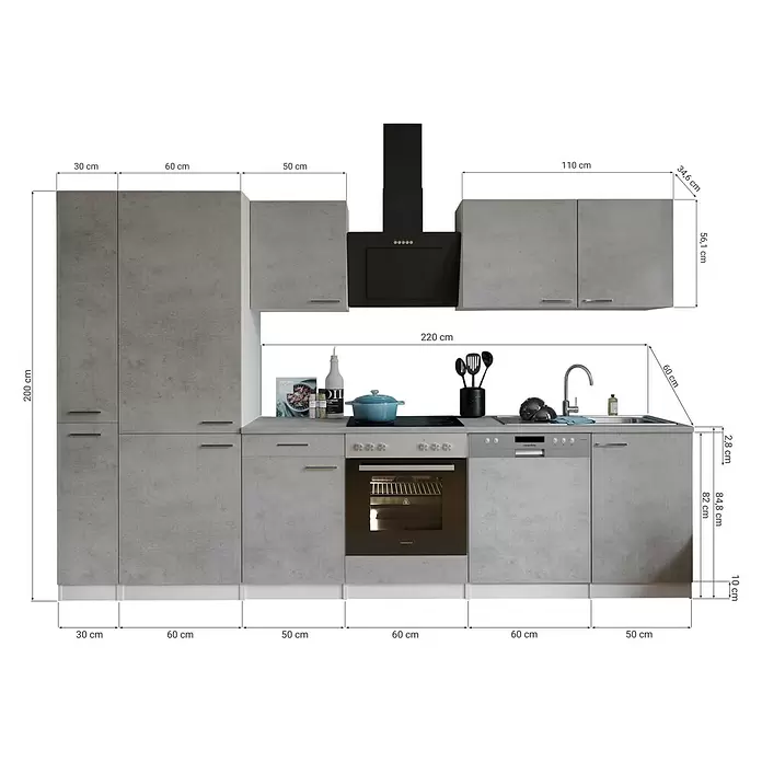 Respekta Küchenzeile Malia Typ 1 - Breite: 310 cm, Beton, Mit Elektrogeräten - Graue Küchenzeile in Betonoptik mit integrierten Geräten und detaillierten Maßen.