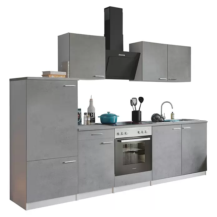 Respekta Küchenzeile Malia Typ 2 - Breite: 270 cm, Beton, Mit Elektrogeräten - Küchenmöbel in Betonoptik grau mit Hochschrank, Oberschränken, Unterschränken, Backofen, Kochfeld, Spüle und Dunstabzugshaube, inkl. Zubehör.