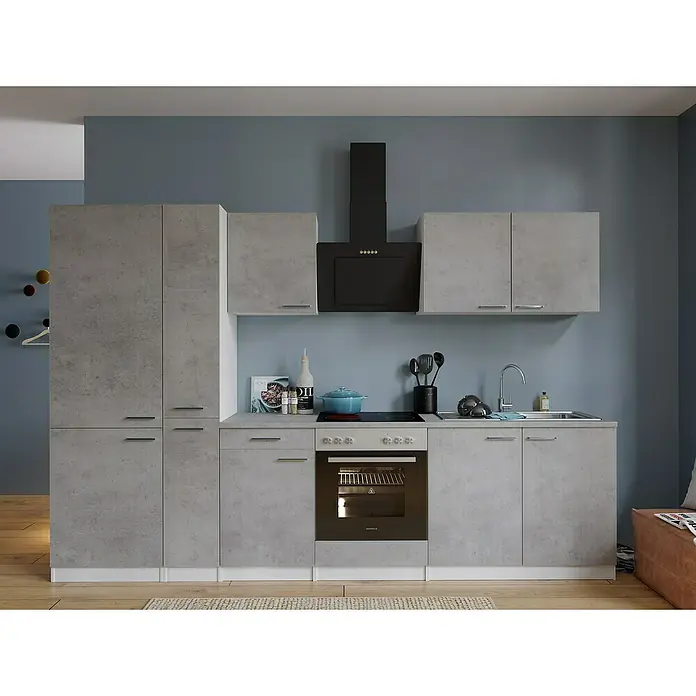 Respekta Küchenzeile Malia Typ 1 - Breite: 300 cm, Beton, Mit Elektrogeräten - Moderne Küchenzeile in Grau mit Hängeschränken, Dunstabzugshaube und Elektroherd. Die Küchenmöbel bieten viel Stauraum und Arbeitsfläche.