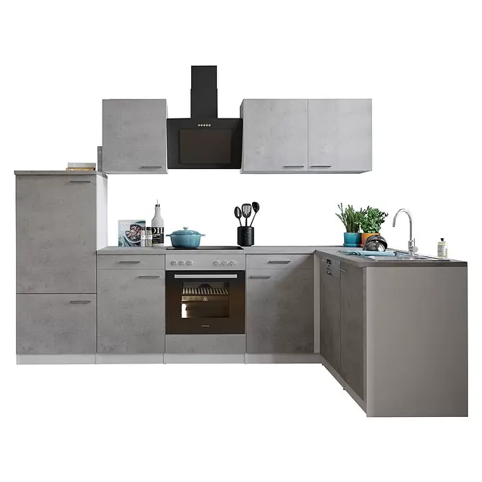 Respekta Winkelküche Malia Typ 3 - B x T x H: 280 x 172 x 200 cm, Beton, Mit Elektrogeräten - L-förmige Küche mit hellgrauen Schränken in Betonoptik, schwarzer Dunstabzugshaube, Ofen, Spüle und Deko.