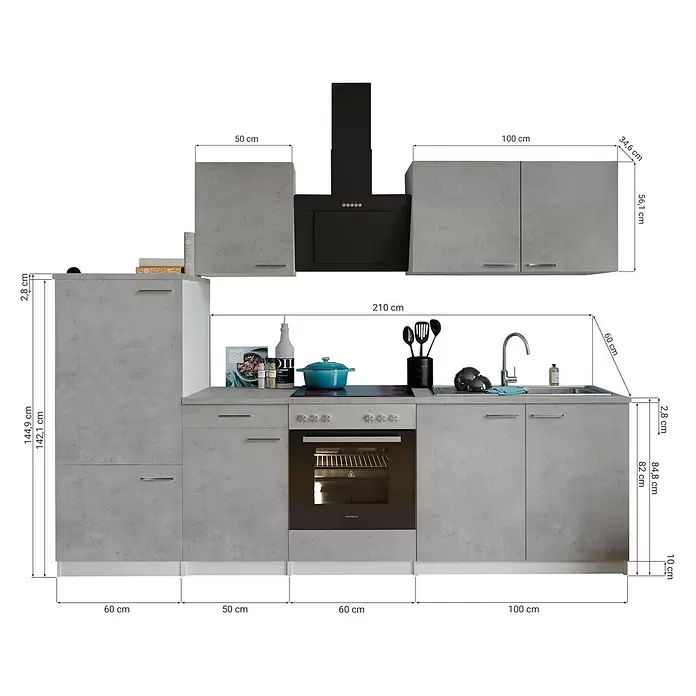 Respekta Küchenzeile Malia Typ 2 - Breite: 270 cm, Beton, Mit Elektrogeräten - Einbauküche in Betonoptik Grau mit Backofen, Kochfeld, Spüle, Ober- und Unterschränken, Maße dargestellt.