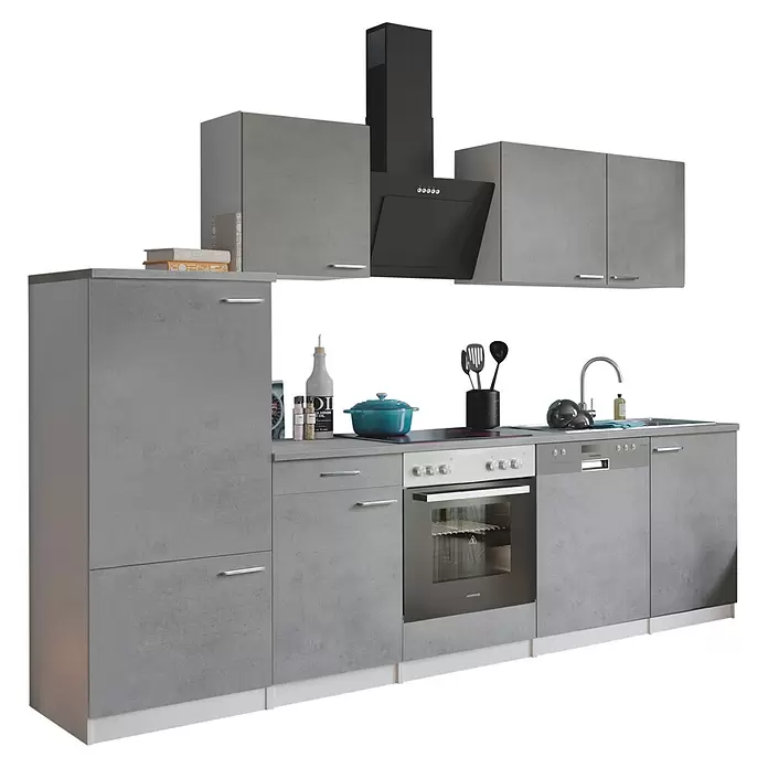 Respekta Küchenzeile Malia Typ 2 - Breite: 280 cm, Beton, Mit Elektrogeräten - Graue modulare Küchenzeile mit Geräten wie Backofen, Kochfeld, Spüle und Geschirrspüler. Modernes, kompaktes Design.