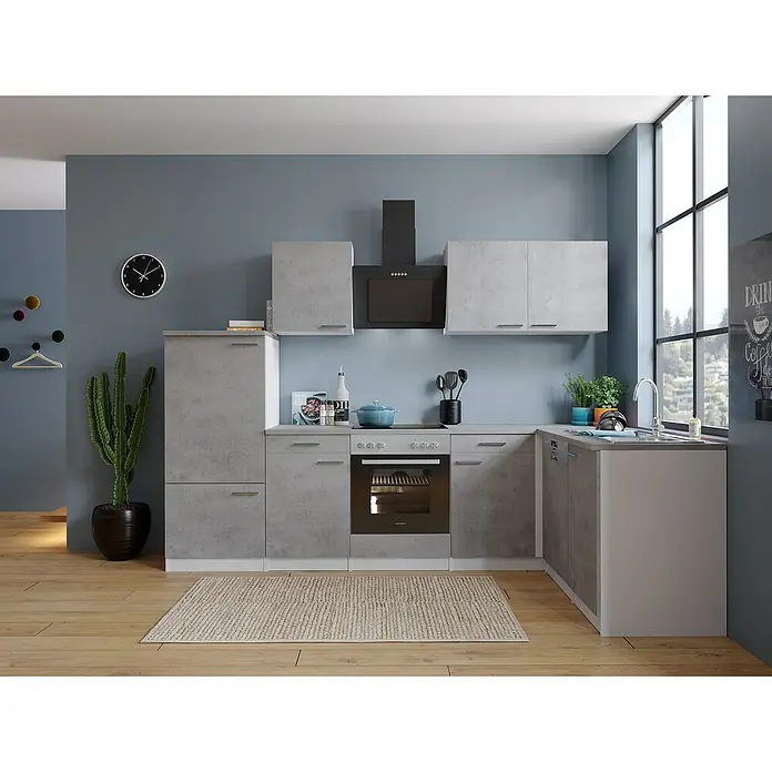 Respekta Winkelküche Malia Typ 3 - B x T x H: 280 x 172 x 200 cm, Beton, Mit Elektrogeräten - Helle Einbauküche mit Beton-Optik, schwarzen Elementen und großem Fenster. Die Küche verfügt über moderne Geräte und viel Stauraum.