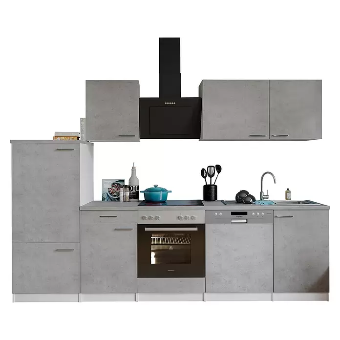 Respekta Küchenzeile Malia Typ 2 - Breite: 280 cm, Beton, Mit Elektrogeräten - Hellgraue Küchenzeile in Betonoptik mit integriertem Backofen, Kochfeld, Geschirrspüler und Dunstabzugshaube.