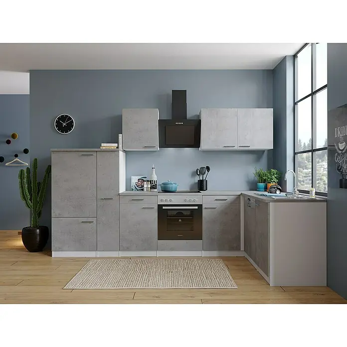 Respekta Winkelküche Malia Typ 2 - B x T: 310 x 172 cm, Beton, Mit Elektrogeräten - Moderne Küche mit grauen Betonfronten, schwarzen Akzenten und viel Stauraum. Die Küche bietet eine stilvolle und funktionale Raumlösung.