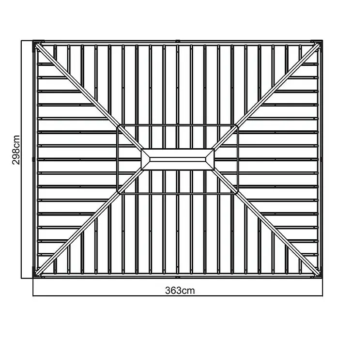 Sojag Standard-Pavillon Messina 10 x 12 - B x T: 363 x 298 cm, Farbe Gestell: Taupe, Aluminium - Produktabbildung mit Maßen. Das Produkt ist ein Bauplan mit den Maßen 298cm x 363cm. Es zeigt ein Gittermuster mit Diagonalen.