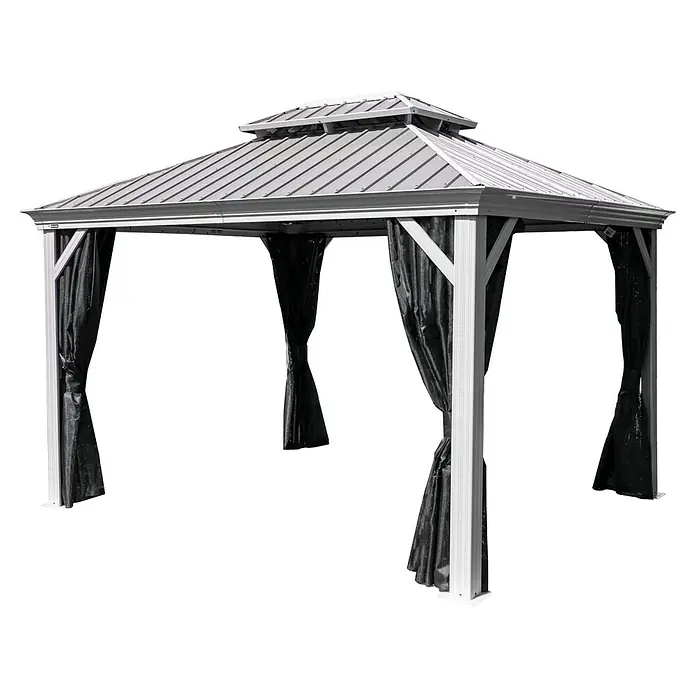 Sojag Standard-Pavillon Messina 10 x 12 - B x T: 363 x 298 cm, Farbe Gestell: Taupe, Aluminium - Bild einer Gartenlaube mit Metallbedachung und schwarzen Vorhängen, ideal für den Außenbereich. Die Laube bietet Schutz und Privatsphäre.