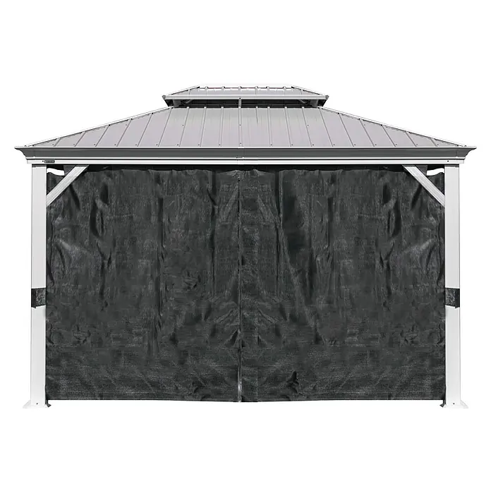 Sojag Standard-Pavillon Messina 10 x 12 - B x T: 363 x 298 cm, Farbe Gestell: Taupe, Aluminium - Ein elegantes Pavillon mit schwarzen Vorhängen, ideal für stilvollen Schatten und Privatsphäre im Garten. Die robuste Konstruktion verspricht Langlebigkeit.