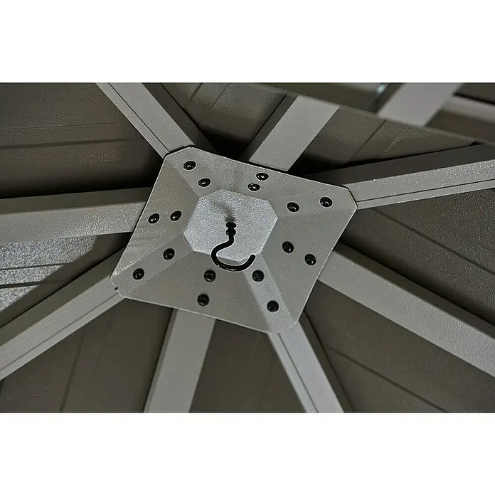 Sojag Standard-Pavillon Messina 10 x 12 - B x T: 363 x 298 cm, Farbe Gestell: Taupe, Aluminium - Detailaufnahme des Befestigungspunktes mit Haken an einem grauen Pavillondach, der Stabilität und Funktionalität vereint.