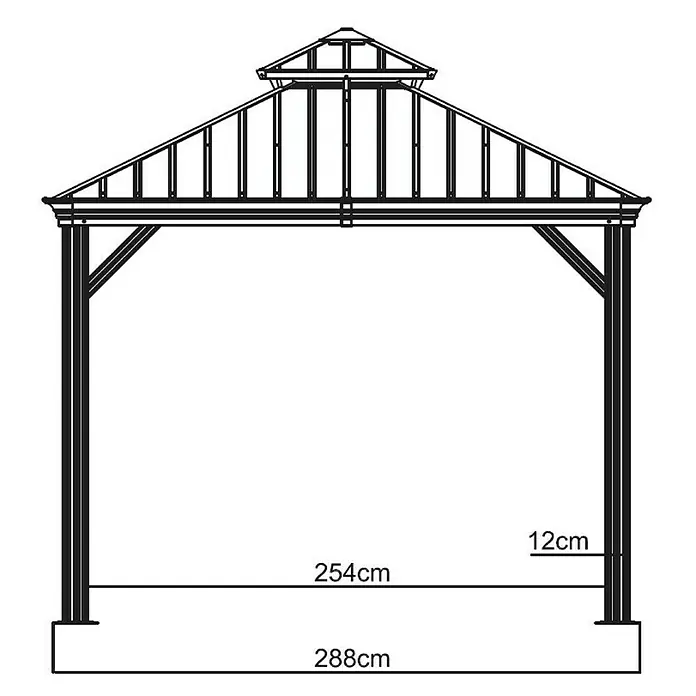 Sojag Standard-Pavillon Messina 10 x 12 - B x T: 363 x 298 cm, Farbe Gestell: Taupe, Aluminium - Abbildung eines Pavillons mit Maßangaben. Die Konstruktion hat eine Breite von 288 cm und eine Höhe, die nicht spezifiziert ist.