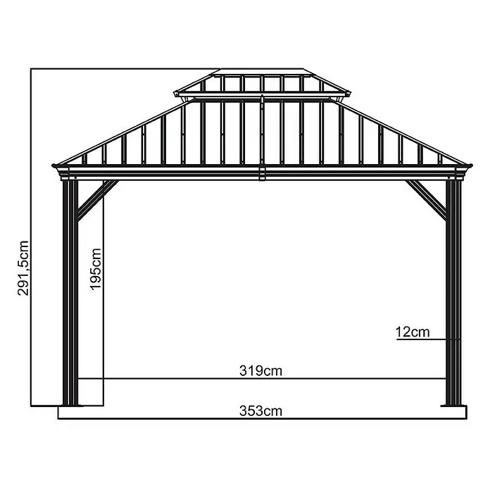 Sojag Standard-Pavillon Messina 10 x 12 - B x T: 363 x 298 cm, Farbe Gestell: Taupe, Aluminium - Darstellung einer Pavillon-Konstruktion mit Maßangaben. Die Abmessungen sind in Zentimetern angegeben und zeigen die Höhe und Breite.