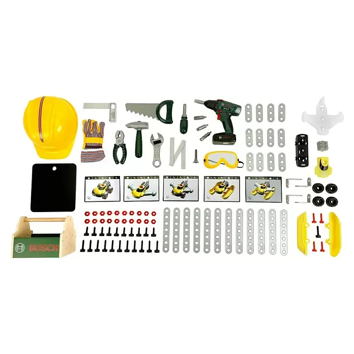 Klein Bosch Kinder-Werkbank -  - Bosch-Spielzeugbausatz mit Werkzeugen wie Bohrmaschine, Hammer, Säge und verschiedenen Bauteilen wie Schrauben, Muttern, Rädern und gelben Karosserieteilen.