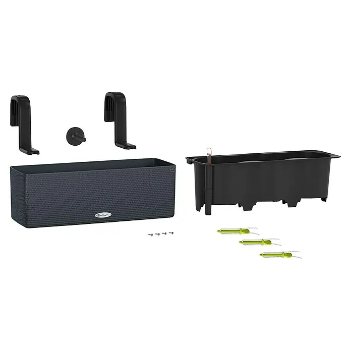 Lechuza Color Balkonkasten Cube Triple - Max. Außenlänge: 40 cm, Granit - Lechuza Balconera Cottage 50 Komplettset in Granitgrau, bestehend aus Pflanzgefäß, Bewässerungssystem, Halterung und Zubehör.
