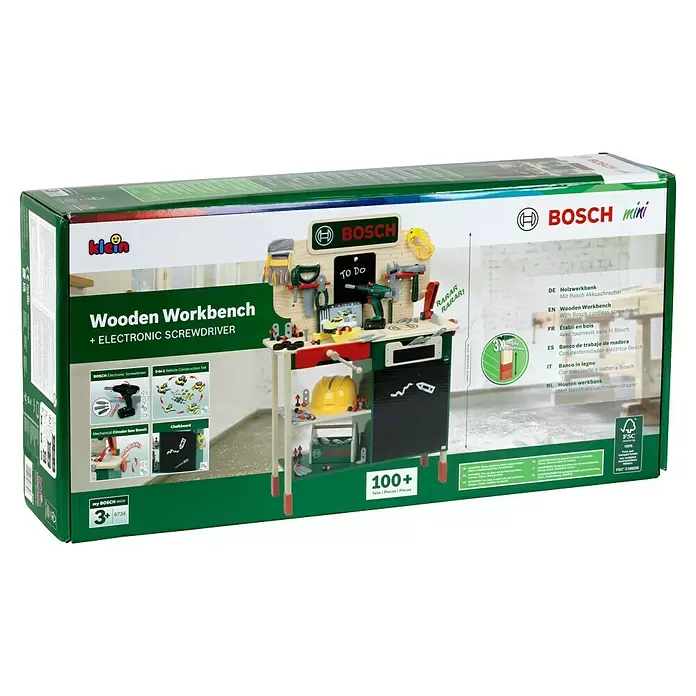 Klein Bosch Kinder-Werkbank -  - Bosch mini Holz-Spielwerkbank mit elektronischem Schrauber, verpackt in grün-weißer Box.