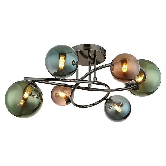 Globo Riha LED-Deckenleuchte - 3,5 W, Grau matt, Mehrfarbig, Warmweiß - Nahaufnahme einer modernen Deckenleuchte mit bunten Glaskugeln und elegantem, geschwungenem Metallrahmen.