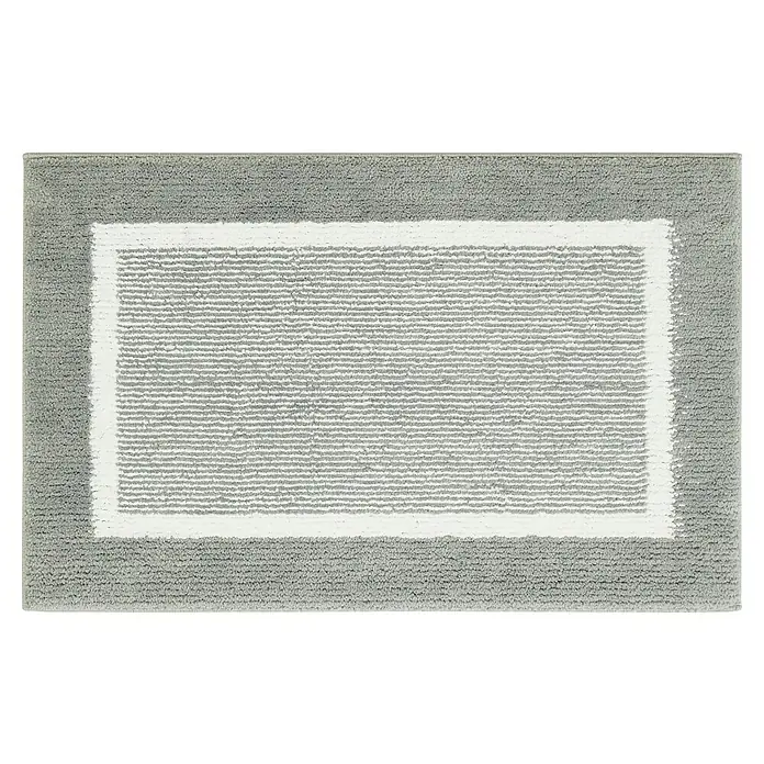 Badteppich Maui - 60 x 100 cm, Grau, 100% Polyester - Graue Badematte mit weißem Rand und rechteckigem Design für Badezimmer mit rutschfester Unterseite für mehr Komfort und Sicherheit.