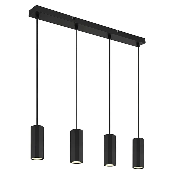 Globo James Pendelleuchte - 25 W, L x B x H: 61 x 6 x 120 cm, Schwarz matt - Elegante schwarze Pendelleuchte mit vier zylindrischen Lampenschirmen, die ein modernes und stilvolles Ambiente erzeugen. Ideal für Esszimmer.