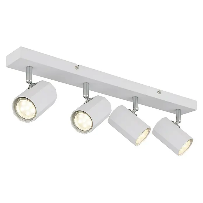 Globo James Deckenstrahler - 25 W, L x B x H: 53 x 6 x 14,5 cm, Weiß matt, GU10, Anzahl Leuchtmittel: 4 Stk. - Deckenleuchte mit vier weißen Strahlern. Die Deckenlampe bietet ein helles und gerichtetes Licht für den Innenbereich.