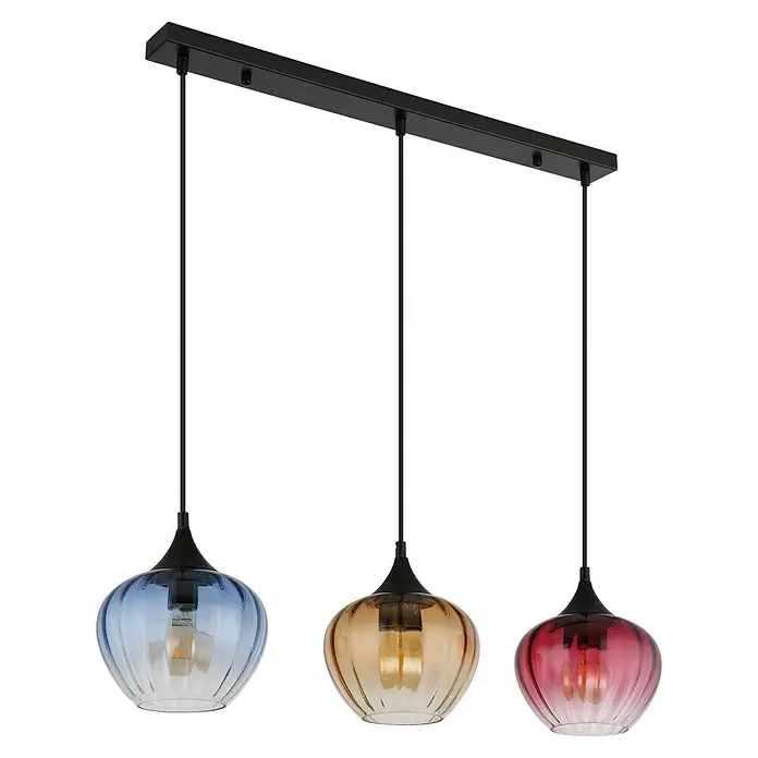 Globo LED-Pendelleuchte Sander - 60 W, L x B x H: 80 x 18 x 150 cm, Amber, Blau, Rot, Schwarz matt - Elegante Hängeleuchte mit drei farbigen Glasschirmen, die jedem Raum einen Hauch von Stil verleiht. Ideal für Esszimmer oder Wohnbereiche.