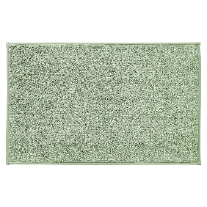 Badteppich Malibu - 60 x 100 cm, Salbei, 100% Polyester - Ein hellgrüner Badteppich mit einem schlichten, helleren Rand. Der Teppich hat eine weiche, flauschige Textur, die für Komfort im Badezimmer sorgt.