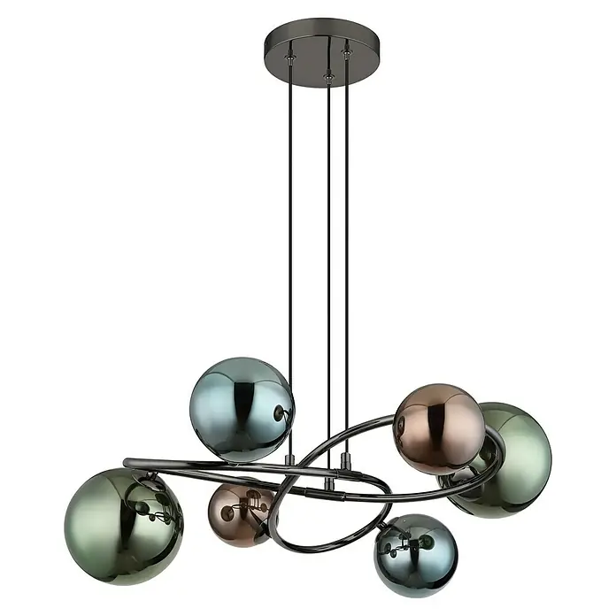 Globo Riha LED-Pendelleuchte - 290 lm - Moderne Pendelleuchte mit sechs bunten Glaskugeln und schwarzer Metallstruktur, die ein stilvolles Ambiente schafft.