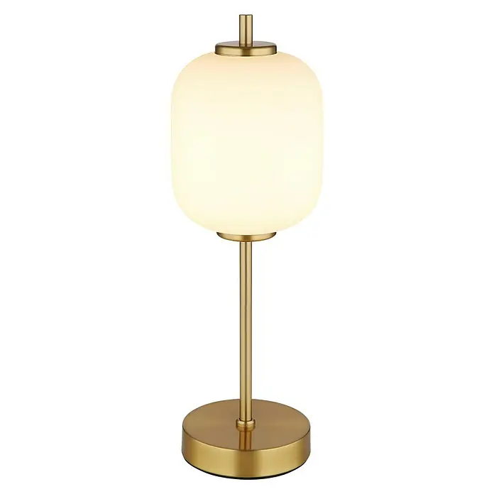 Globo Ewald LED-Tischleuchte rund - Ø x H: 15 x 40 cm, Messing, Weiß opal - Elegante Tischleuchte mit einem runden, weißen Glasschirm und einem goldenen Metallfuß, die jedem Raum einen Hauch von Stil verleiht.
