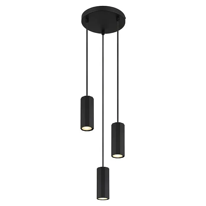 Globo James Pendelleuchte - 25 W, Ø x H: 20 x 120 cm, Schwarz matt - Moderne schwarze Pendelleuchte mit drei zylindrischen Lampenschirmen, die ein warmes Licht abgeben. Elegantes Design für jeden Raum.