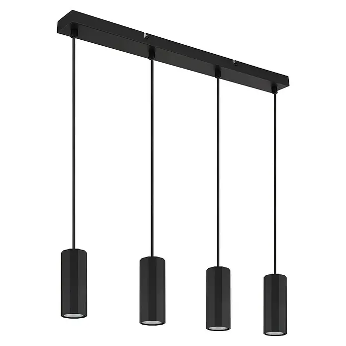 Globo James Pendelleuchte - 25 W, L x B x H: 61 x 6 x 120 cm, Schwarz matt - Moderne schwarze Hängeleuchte mit vier zylindrischen Lampenschirmen, ideal für Esszimmer oder Kücheninseln. Stilvolle Beleuchtungslösung.