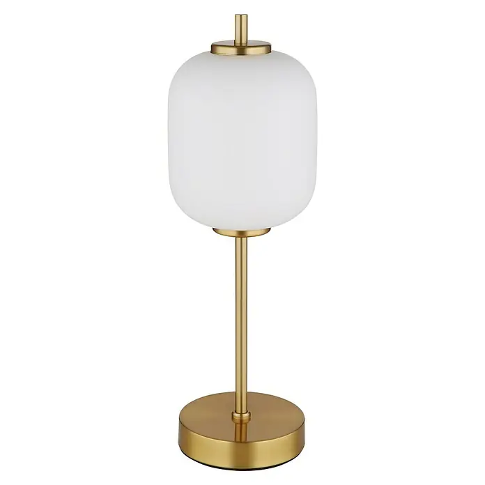 Globo Ewald LED-Tischleuchte rund - Ø x H: 15 x 40 cm, Messing, Weiß opal - Nahaufnahme einer eleganten, modernen Tischleuchte mit einem goldenen Sockel und einem weißen, zylindrischen Lampenschirm.