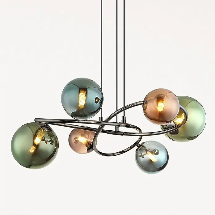 Globo Riha LED-Pendelleuchte - 290 lm - Moderne Pendelleuchte mit sechs farbigen Glaskugeln und elegantem, geschwungenem Design für stilvolle Beleuchtung im Wohnraum.