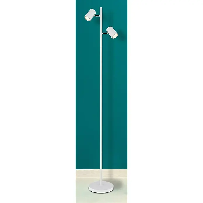Globo James Stehleuchte - 5 W, Höhe: 158 cm, Weiß matt - Eine elegante, moderne Stehlampe mit zwei verstellbaren Strahlern in Weiß, die ein stilvolles Ambiente schafft.