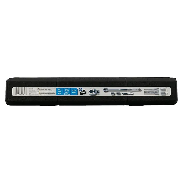 UniTEC Drehmomentschlüssel - ½″ Vierkant, Einstellungsbereich: 42 Nm - 210 Nm - Eine schwarze Box mit einem automatischen Drehmomentschlüssel-Set von Cartrend. Ideal für präzise Arbeiten.