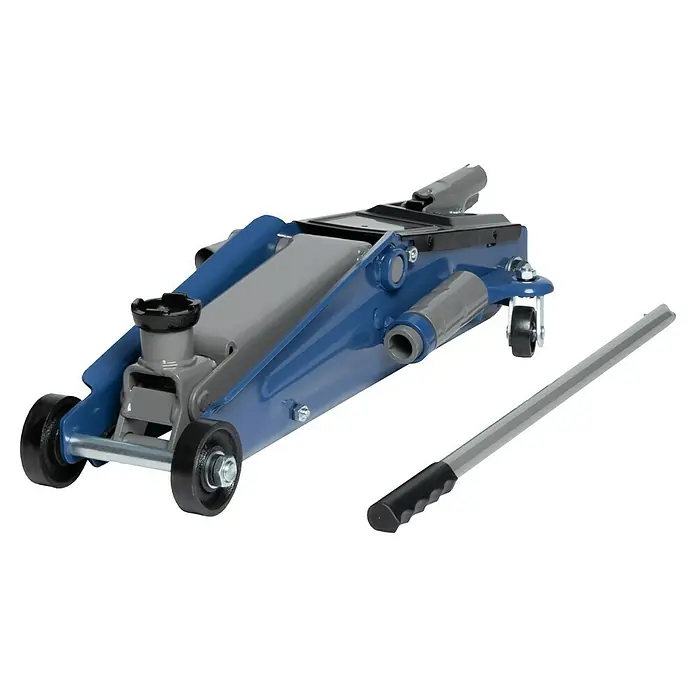 UniTEC Hydraulischer Rangierwagenheber SUV - Hubhöhe: 150 mm - 530 mm - Hier ist ein blauer Wagenheber mit Hebel. Der Wagenheber ist ein Werkzeug zum Anheben von Autos.